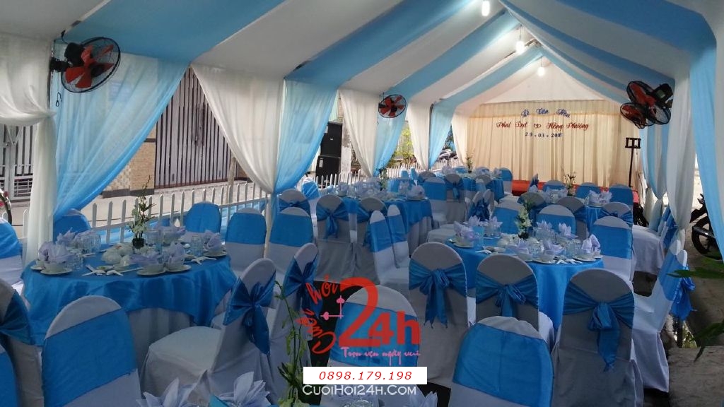 Dịch vụ cưới hỏi 24h trọn vẹn ngày vui chuyên trang trí nhà đám cưới hỏi và nhà hàng tiệc cưới | Cho thuê bàn ghế tiệc cưới tông xanh ngọc (2)