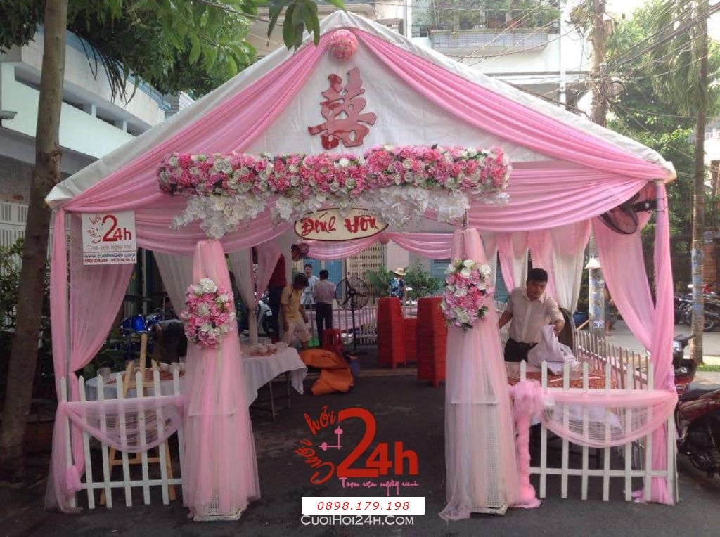 Dịch vụ cưới hỏi 24h trọn vẹn ngày vui chuyên trang trí nhà đám cưới hỏi và nhà hàng tiệc cưới | Rạp cưới tông màu hồng (1)