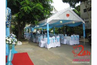 Dịch vụ cưới hỏi 24h trọn vẹn ngày vui chuyên trang trí nhà đám cưới hỏi và nhà hàng tiệc cưới | Nhà bạt, khung rạp voan trắng xanh biển