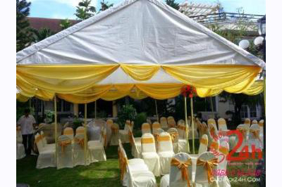 Dịch vụ cưới hỏi 24h trọn vẹn ngày vui chuyên trang trí nhà đám cưới hỏi và nhà hàng tiệc cưới | Nhà Bạt - khung rạp mẫu vàng trắng